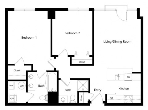 Floor plan for 2 beds, 2 baths, 1016 sqft